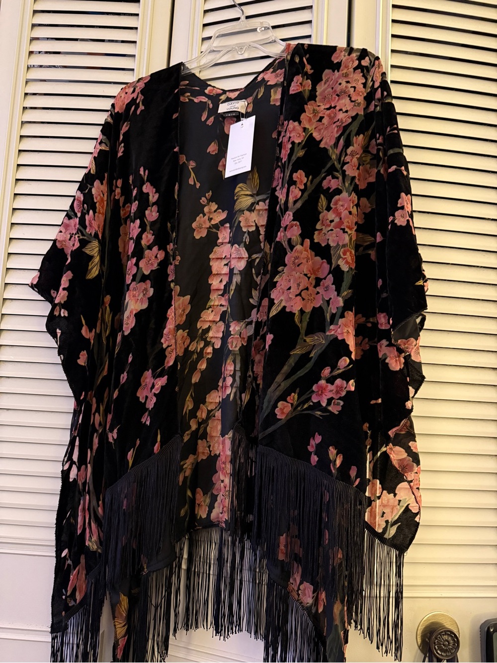 David and Young Black Velvet Kimono with Pink Floral Print and Fringe